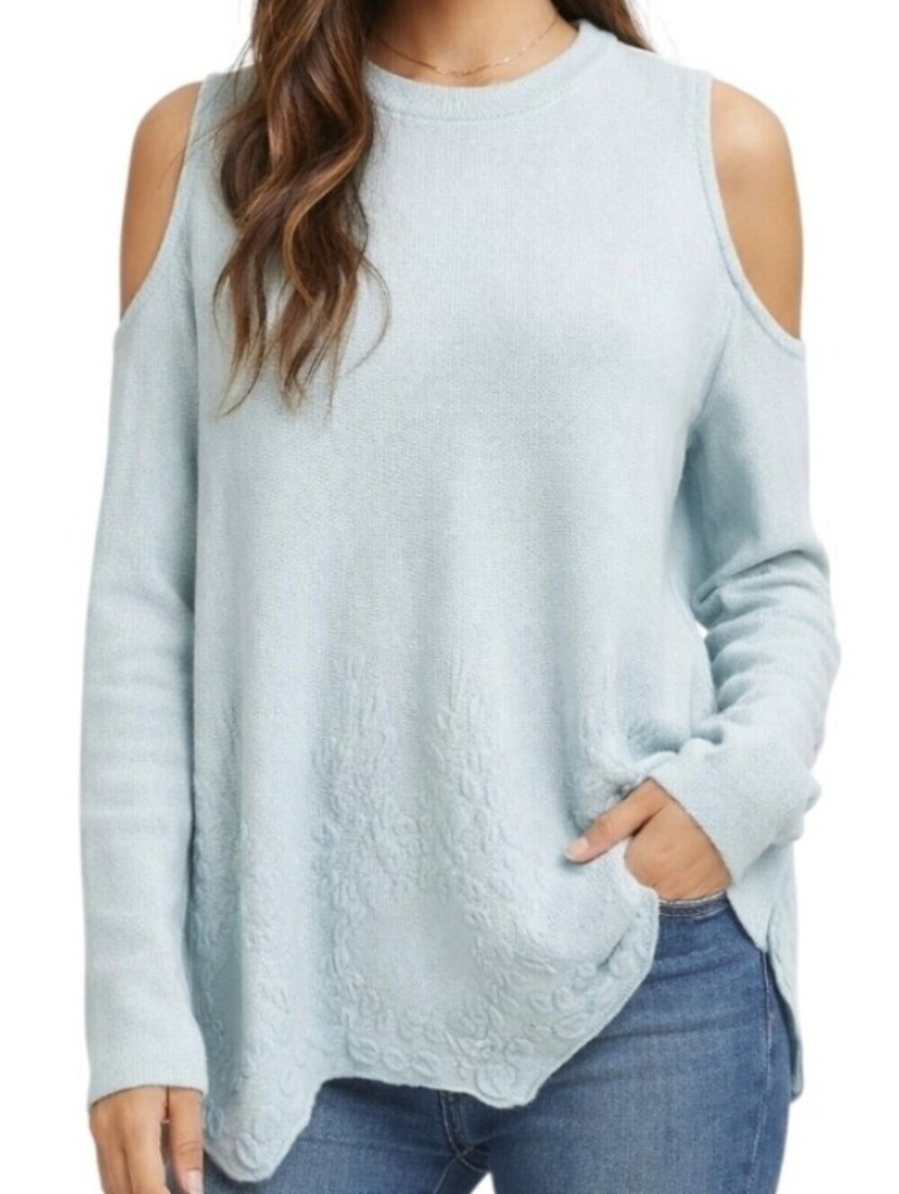 JOA Cold Shoulder Sweater Women Large Blue Green Raised Leaf Asymmetric Hem